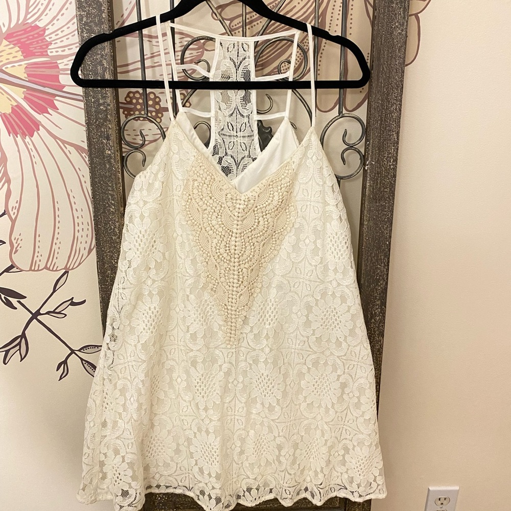 Adult Small white racerback mini dress with crochet neckline